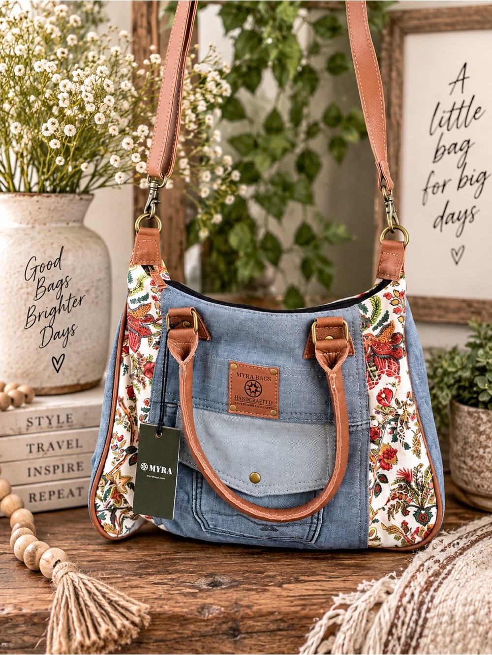 Myra Bag Light Blue Denim Shoulder Bag with Tan Handles and Floral Panels